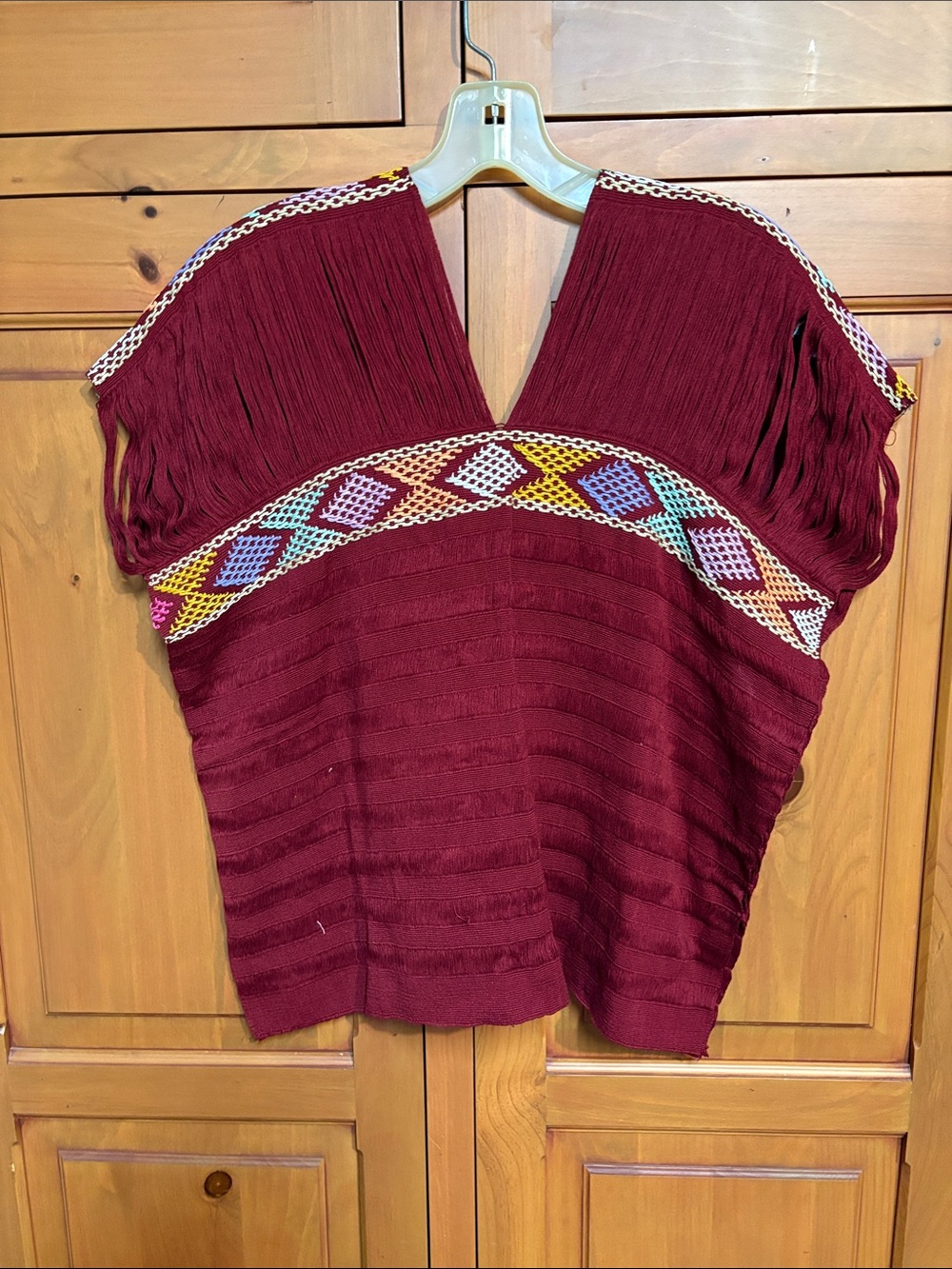 Maroon Boho Fringe V-Neck top with Embroidered Accent